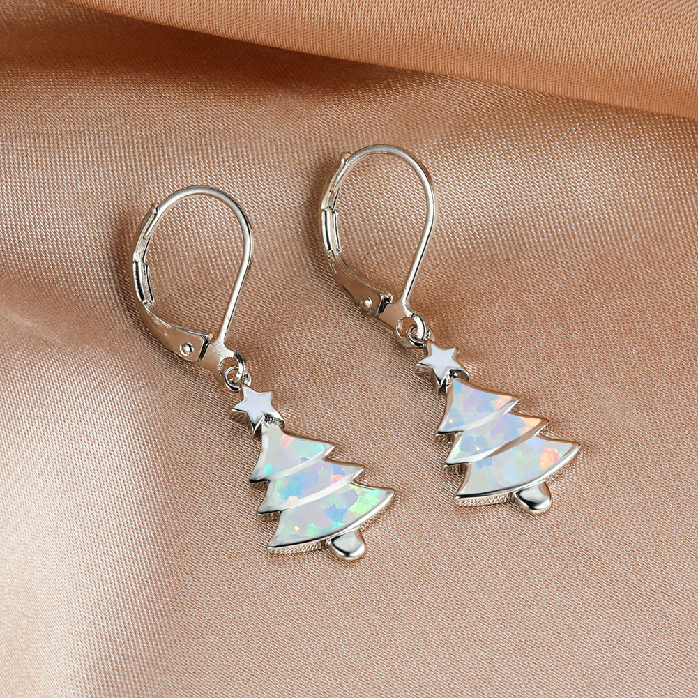 Women's Christmas Tree Color Opal Dangle Earrings, Gold / White Gold Plating
