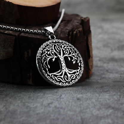 Vintage Stainless Steel Hollow Tree of Life Pendant Necklace for Men