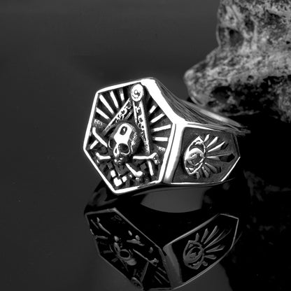 Vintage Solid Stainless Steel Wide Band Hexagon Masonic AG Skull Signet Ring for Men