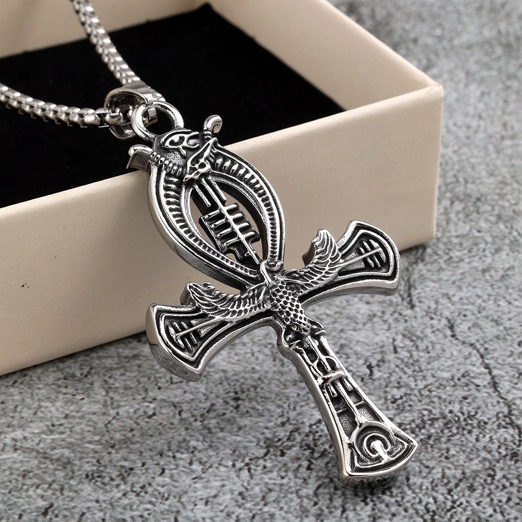 Vintage Stainless Steel Double-sided Egyptian Ankh Cross Pendant Necklace for Men