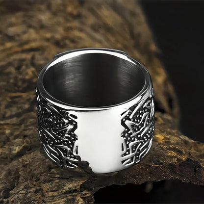 Vintage Solid Stainless Steel Norse Viking Rune Textured Carved Wide Band Ring for Men
