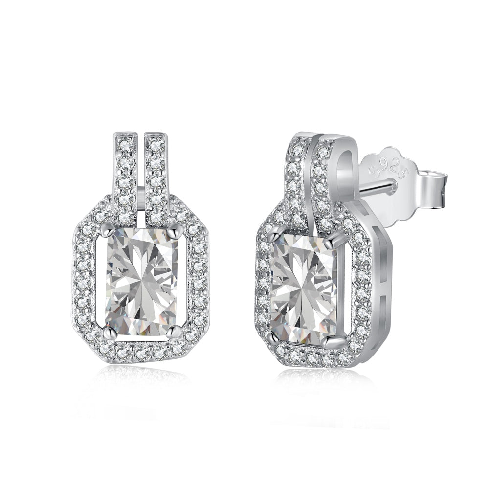 Women's Geometric Frame Stud Earrings, Rectangular Center Zirconia With Paved Round Zirconia Halo, S925 with White Gold Platin