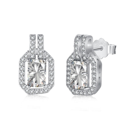 Women's Geometric Frame Stud Earrings, Rectangular Center Zirconia With Paved Round Zirconia Halo, S925 with White Gold Platin
