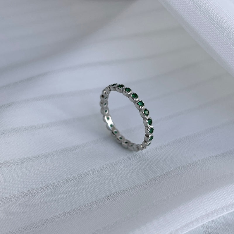 Women's Bezel Set Green Zirconia Row Stone Ring, S925 with White Gold Plating
