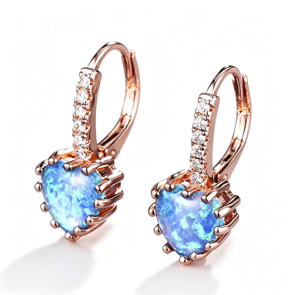 Women's Heart‑Shape Opal Leverback Earrings with Paved Zirconia, with White Gold / Rose Gold Plating