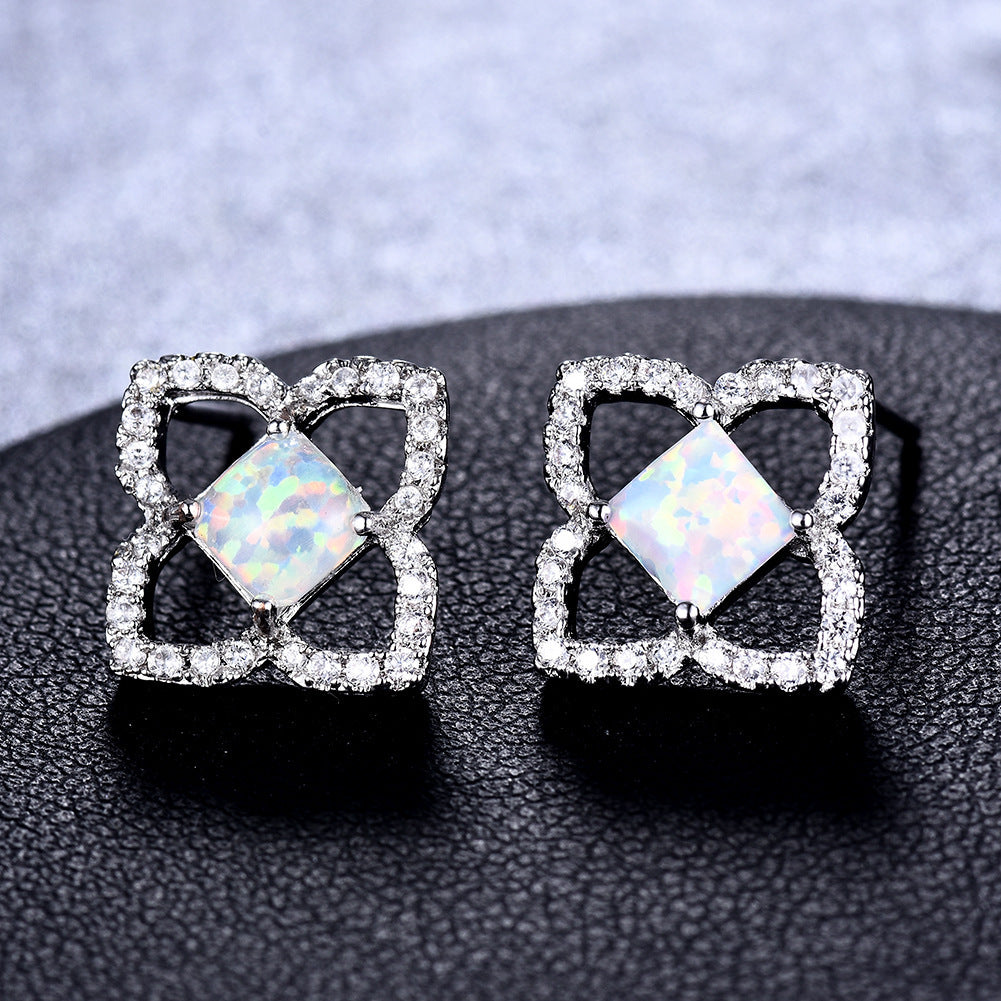 Women's Hollow Clover Square Opal Stud Earrings With Zirconia Halo, with White Gold Plating