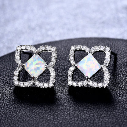 Women's Hollow Clover Square Opal Stud Earrings With Zirconia Halo, with White Gold Plating