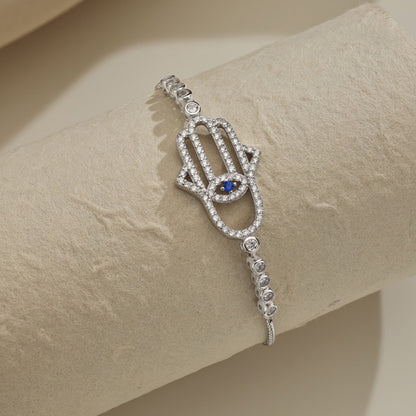 Women's Adjustable Bracelet, Hamsa Hand Evil Eye Paved Zirconia Inlay, S925 with White Gold Plating