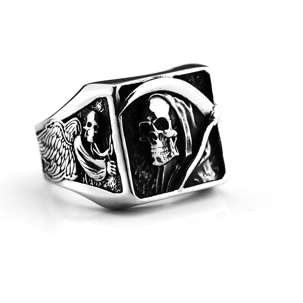 Vintage Stainless Steel Punk Solid Halloween Grim Reaper Skull Ring for Men