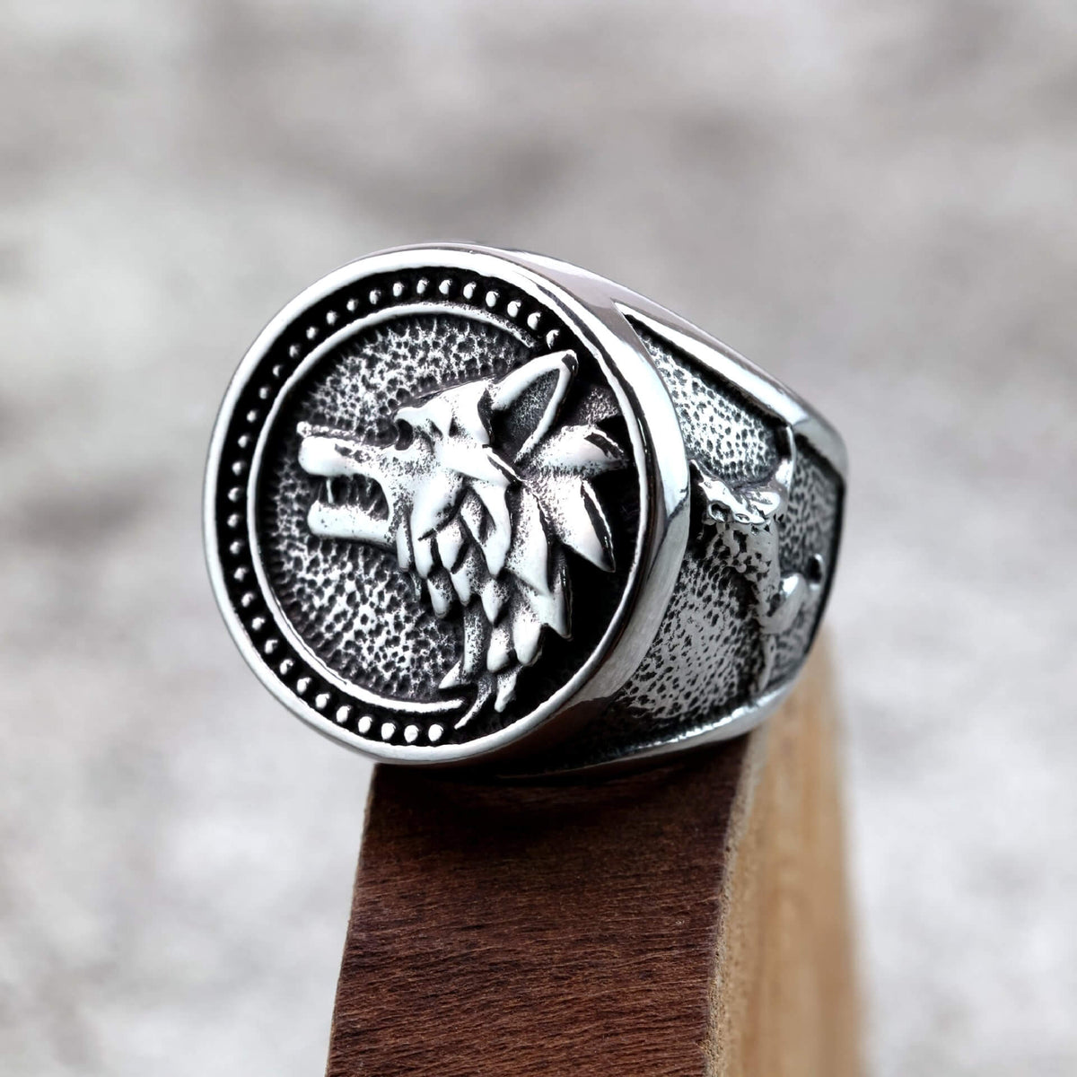 Vintage Solid Stainless Steel Viking Odin Wolf Head Round Ring for Men