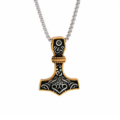 Mens Steel Mjolnir Valknut Pendant Necklace