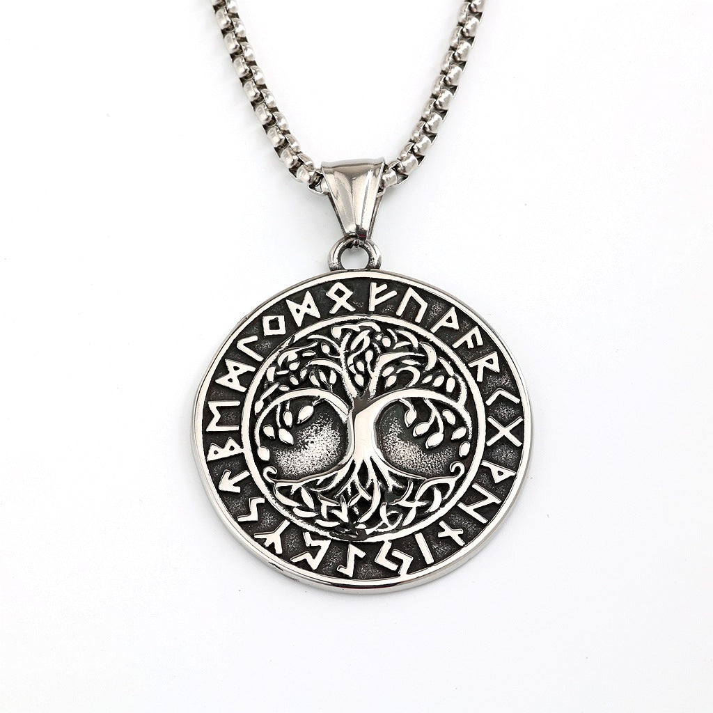 Men's Steel Viking Rune Tree of Life Vintage Round Pendant Necklace