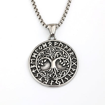 Men's Steel Viking Rune Tree of Life Vintage Round Pendant Necklace