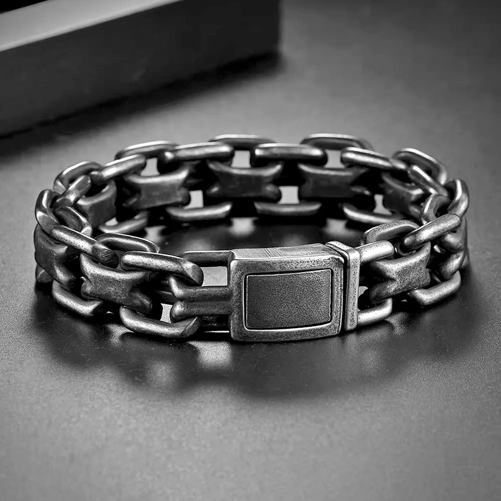 Men's Vintage Thick Double Loop Stainless Steel Open Cuff Bracelet, Punk Hip Hop Retro Fashion Adjustable Bangle Jewelry