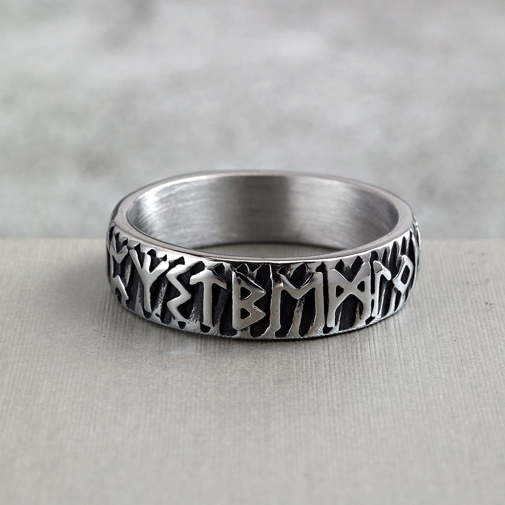 Vintage Solid Stainless Steel Norse Viking Full Rune Engraved Narrow Band Circle Ring for Men