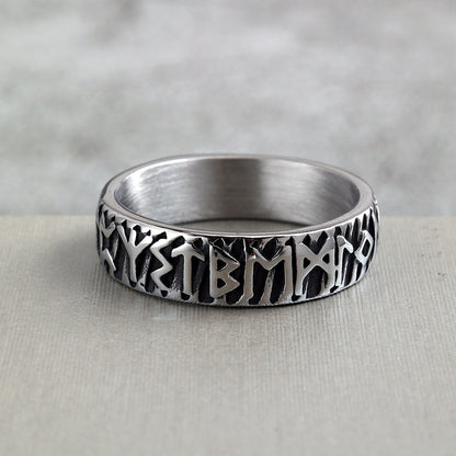 Vintage Solid Stainless Steel Norse Viking Full Rune Engraved Narrow Band Circle Ring for Men