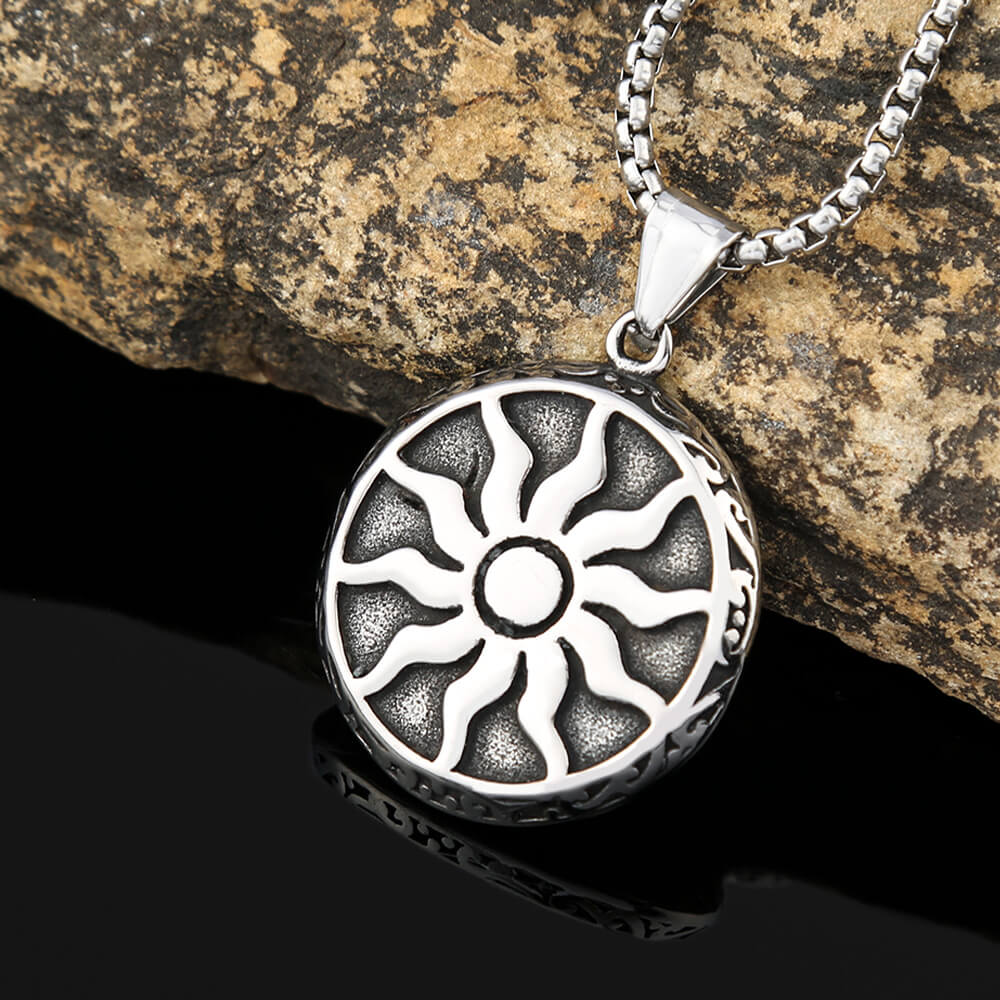 Men's Steel Vintage Sun Pattern Round Pendant Necklace