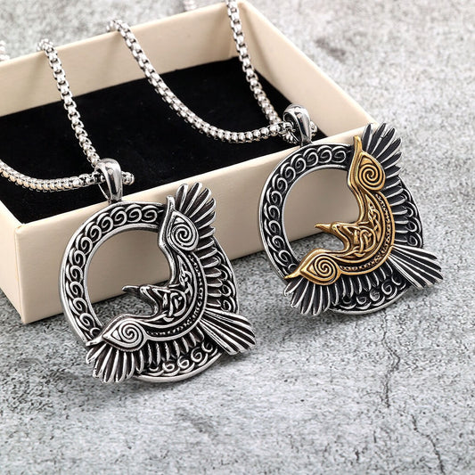 Vintage Stainless Steel Men's Single Sided Viking Raven Round Pendant Necklace