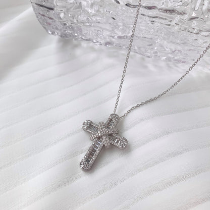 Women's Exquisite High‑end Cross Pendant Necklace, Starry Paved Zirconia Inlay, S925 with White Gold Plating