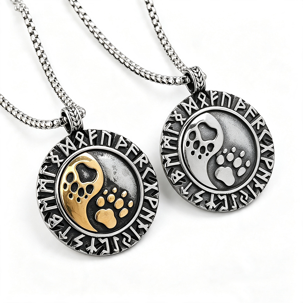 Vintage Stainless Steel Double Sided Viking Rune Bear Paw Print Pendant Necklace for Men