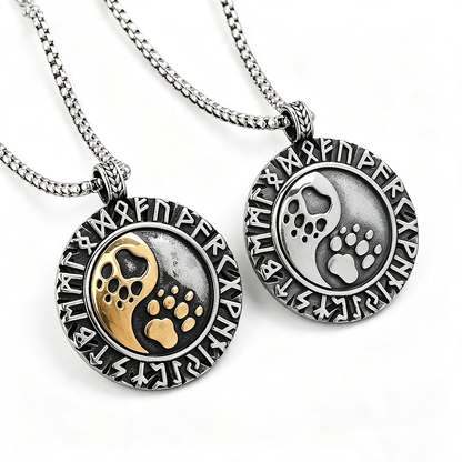 Vintage Stainless Steel Double Sided Viking Rune Bear Paw Print Pendant Necklace for Men