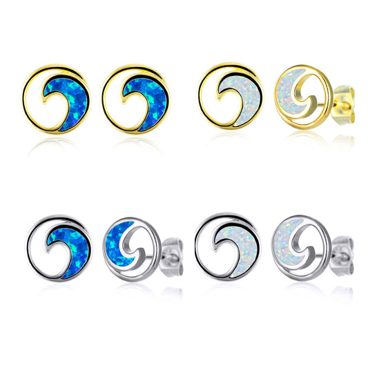 Women's Round Ocean Wave Opal Stud Earrings, Inlaid with Blue Opal & White Opal, with White Gold Plating / Gold Plating