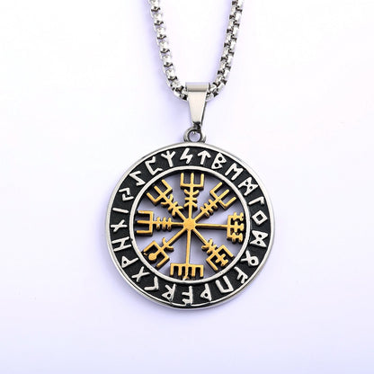 Vintage Stainless Steel Men's Viking Compass Double Sided Pendant Necklace