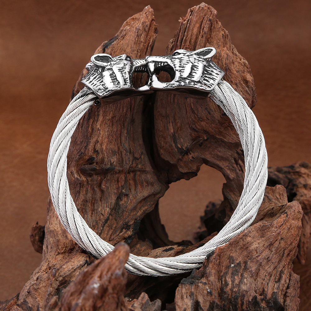 Viking Mythology Double Layer Solid Stainless Steel Open Adjustable Cuff Bracelet for Men Wrist Jewelry