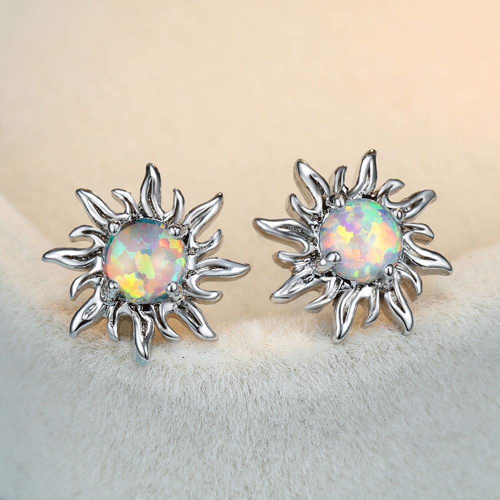Women's Sunflower Round Opal Stud Earrings, Blue / White Opal Option, with White Gold Plating