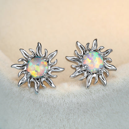 Women's Sunflower Round Opal Stud Earrings, Blue / White Opal Option, with White Gold Plating
