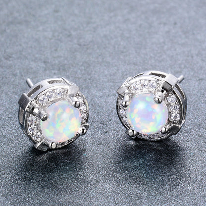 Women's Round Four‑Prong Halo Blue & White Opal Stud Earrings,with White Gold Plating