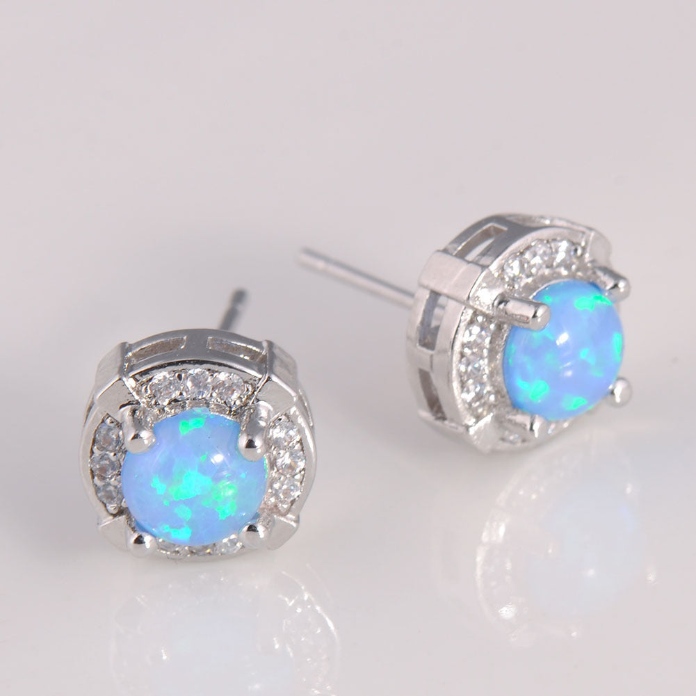 Women's Round Four‑Prong Halo Blue & White Opal Stud Earrings,with White Gold Plating