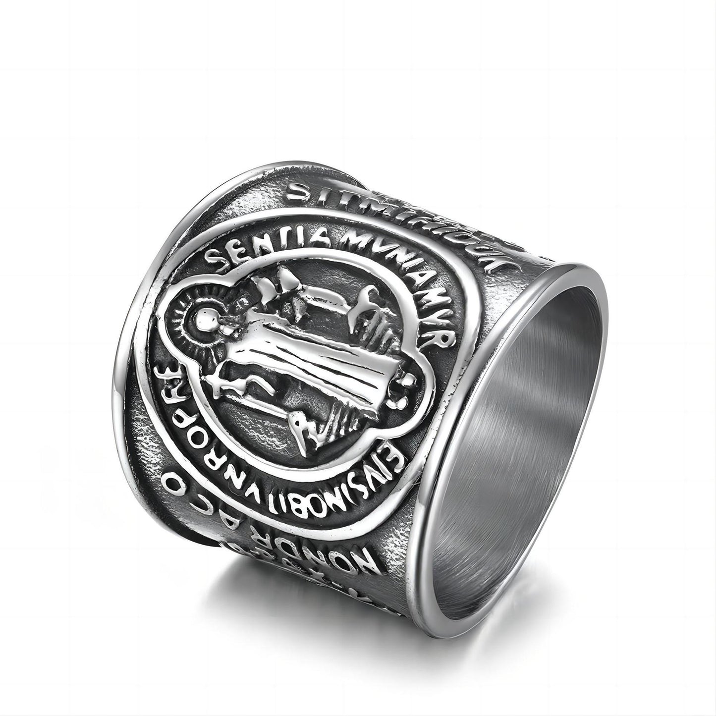 Vintage Stainless Steel Wide Band St. Benedict Exorcism Cross Ring for Men