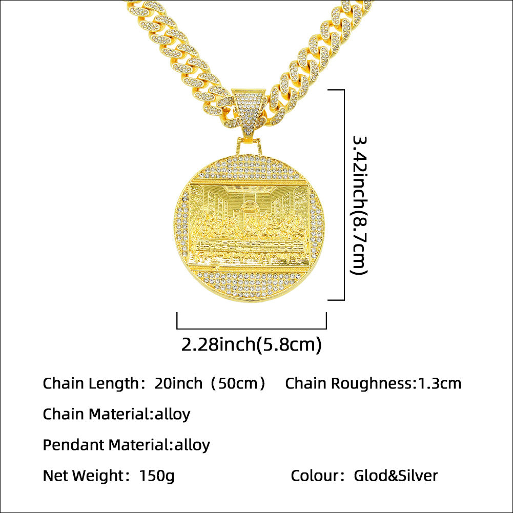 Hip-Hop Exaggerated Zircon-Encrusted Large Round Plate Last Supper Pendant Necklace