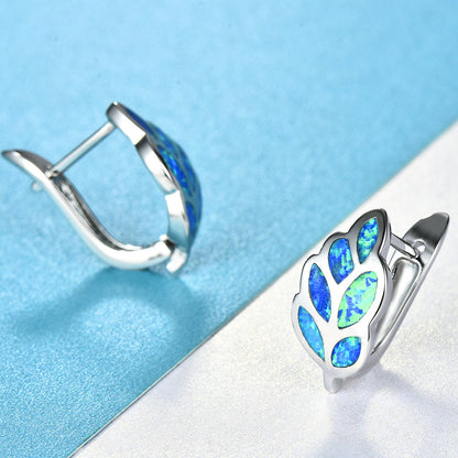 Women's Leaf‑Shaped Opal Huggie Clip‑on Earrings, with White Gold Plating
