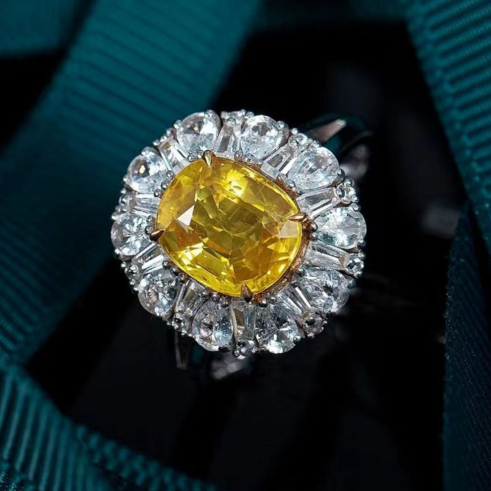 Women's White Gold Emerald Cut Stones Yellow Gem Halo Adjustable Ring