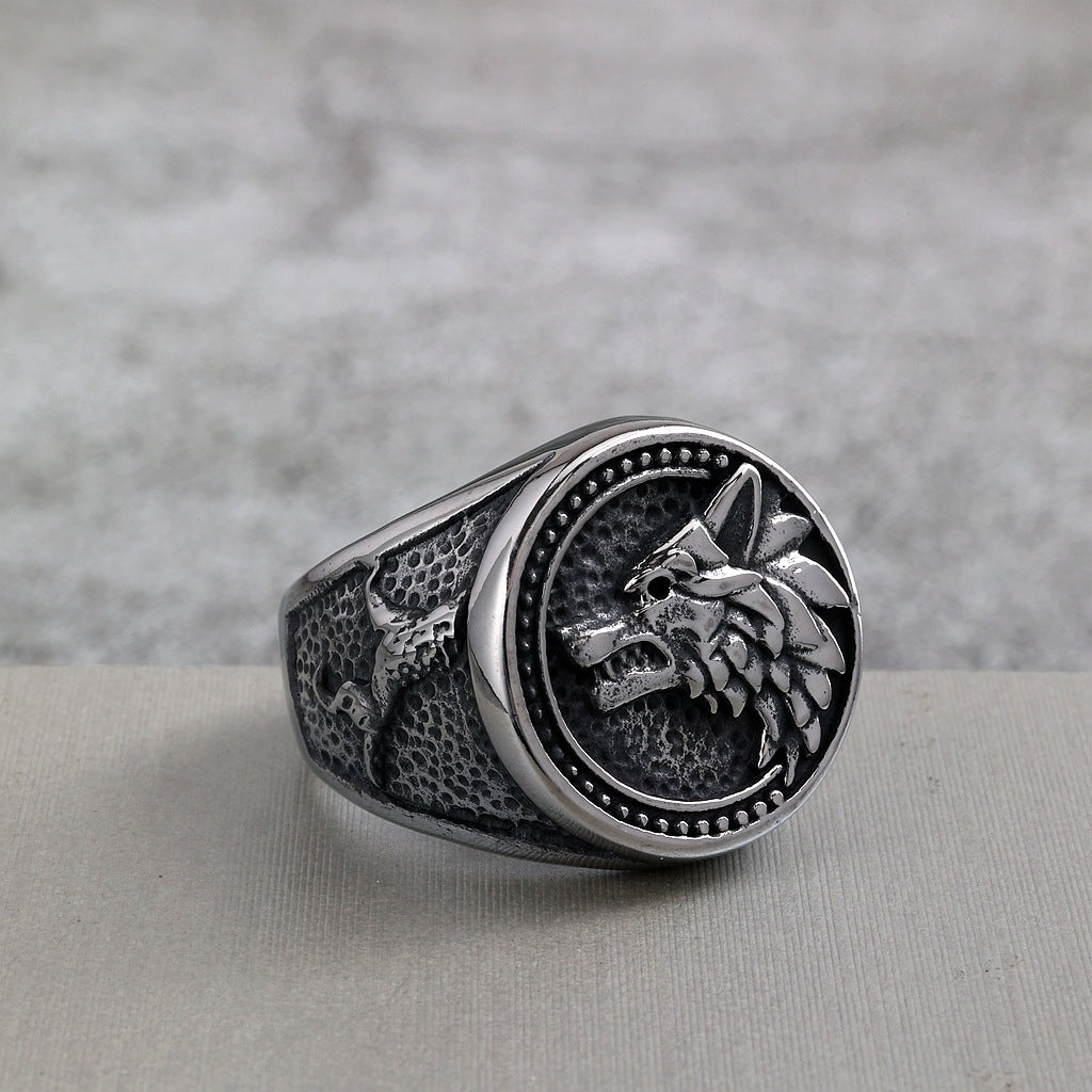 Vintage Solid Stainless Steel Viking Odin Wolf Head Round Ring for Men