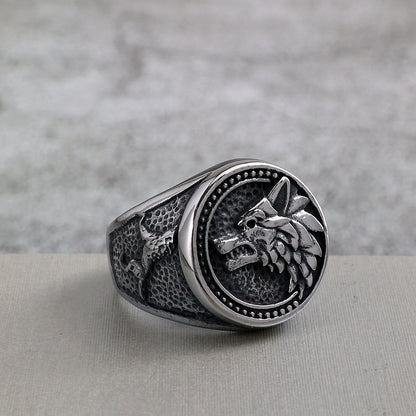 Vintage Solid Stainless Steel Viking Odin Wolf Head Round Ring for Men