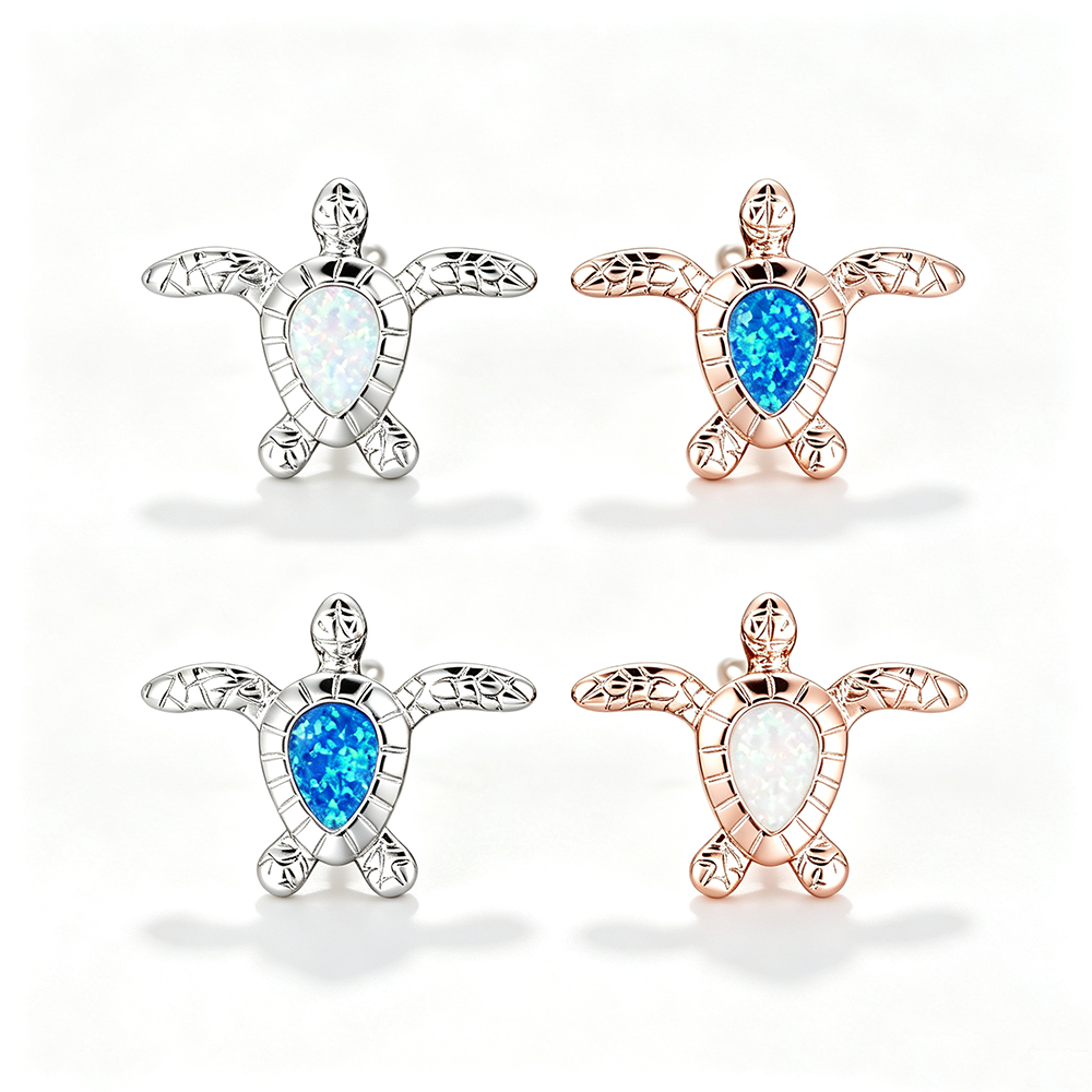 Women's Sea‑Turtle Stud Earrings With Teardrop Opal, with White Gold / Rose Gold Plating