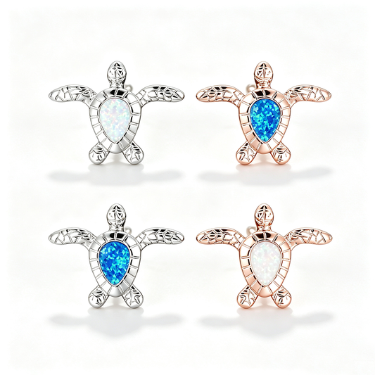 Women's Sea‑Turtle Stud Earrings With Teardrop Opal, with White Gold / Rose Gold Plating