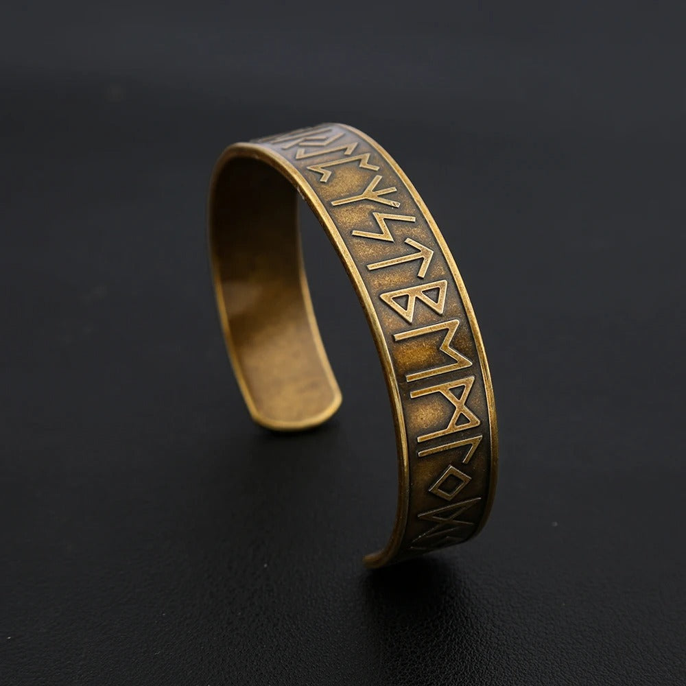 Viking Slavic Nordic Open C Bracelet for Men, Stainless Steel Engraved Rune Alphabet Retro Adjustable Cuff Bangle