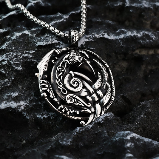 Mens Steel Nordic Raven Hollow Round Pendant Necklace