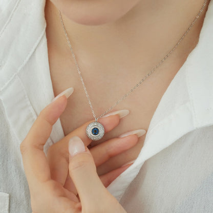Niche Fashion S925 Silver Evil Eye Necklace Inlaid with White & Blue Round Zirconia Fashion Pendant Jewelry