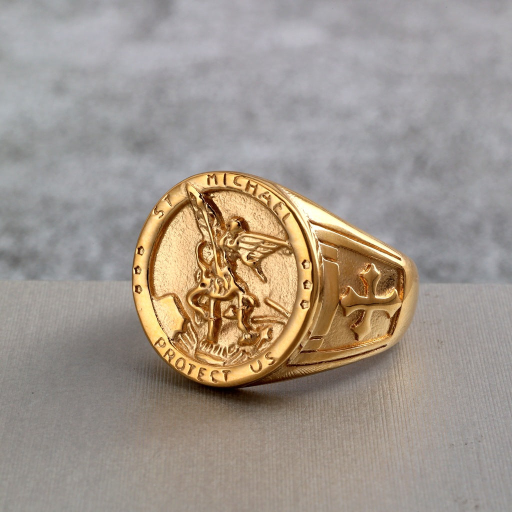 Vintage Solid Stainless Steel Archangel Saint Michael Dragon Slayer Round Signet Ring for Men