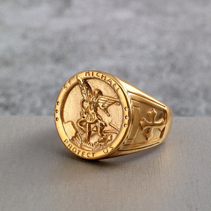 Vintage Solid Stainless Steel Archangel Saint Michael Dragon Slayer Round Signet Ring for Men