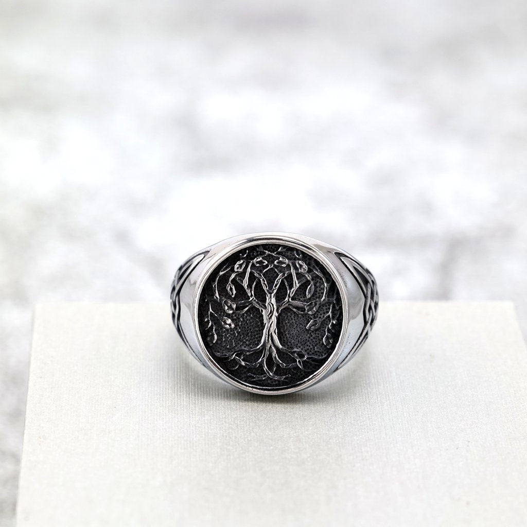 Vintage Polished Stainless Steel Viking Tree of Life Pattern Ring for Men
