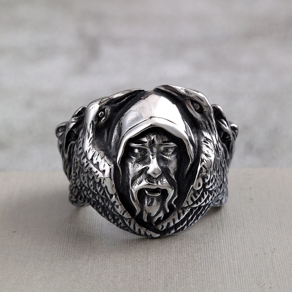 Vintage Stainless Steel Biker Viking Odin Raven Wolf Head Ring for Men