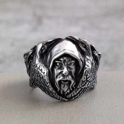 Vintage Stainless Steel Biker Viking Odin Raven Wolf Head Ring for Men