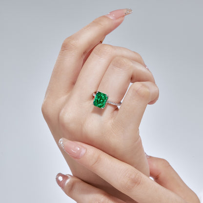 Women's Square Emerald Ice Flower Cut Zirconia Trendy Ring, S925 with White Gold Plating