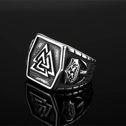 Vintage Antique Finish Stainless Steel Engraved Anchor Viking Triangle Symbol Hexagon Ring for Men